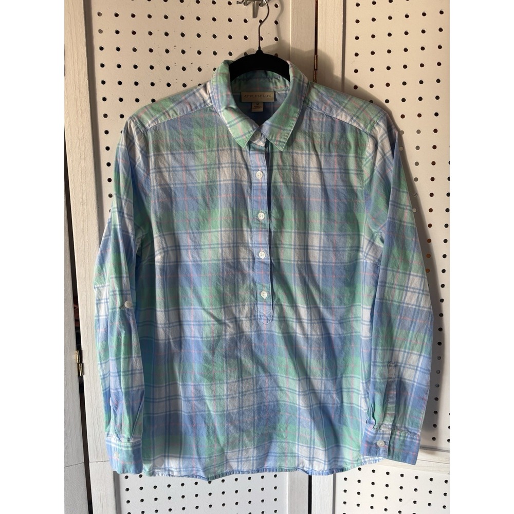 Appleseed's 1/2‎ Button Shirt Pastel Plaid Blue Green Pink Cotton Women's Medium